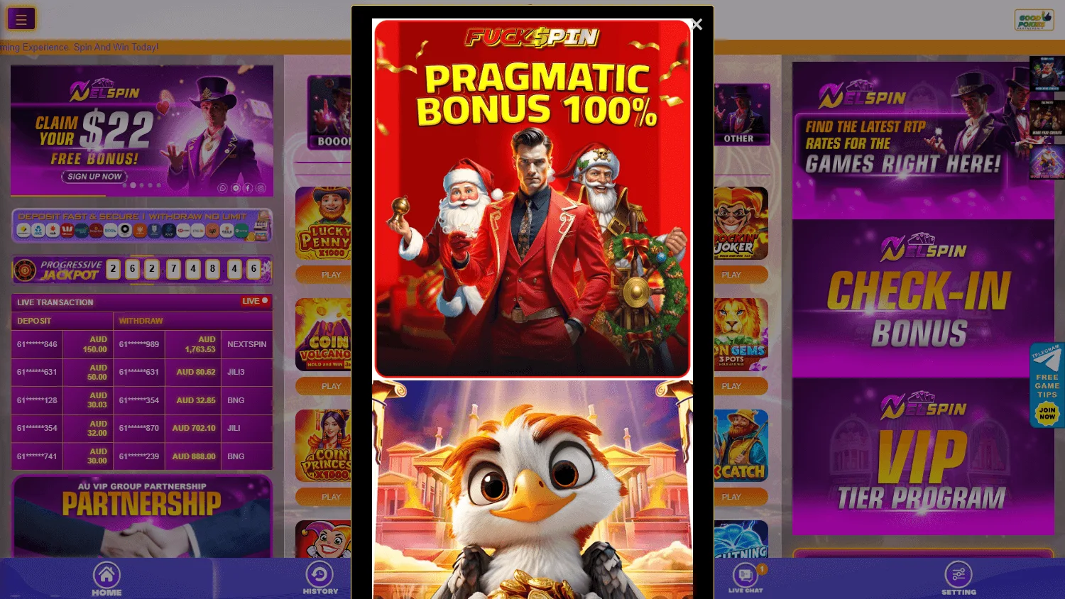 Nelspin Casino home page on a desktop computer